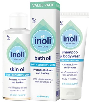 Inoli Baby Erstausstattung Neugeborene 2 | pH-hautneutral 2-in-1 Baby Shampoo & Duschgel, Hautöl & Babyöl für das Bad | Babypflege für trockene & empfindliche Haut | 100% natürliche Öle