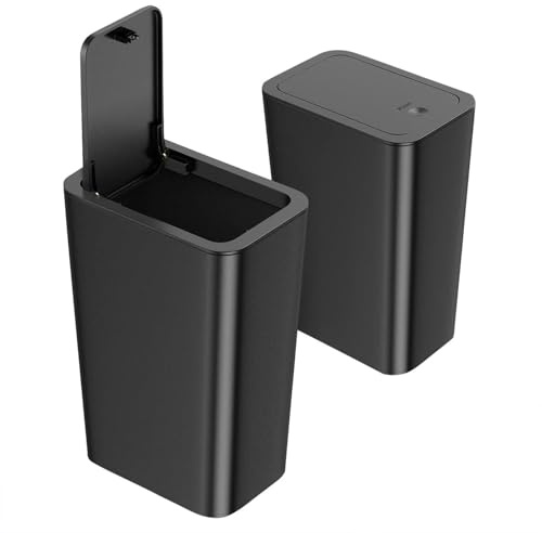 HIKENRI 9L Bathroom Bins, 2 Pack Kitchen Bin, Black, Polypropylene, Rectangular, 30x15x12 cm, 9L Capacity, Push Button, Dog Proof, Ideal for Tight Spaces, Indoor Use