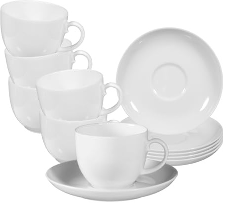 Seltmann Weiden Rondo/Liane Kaffeetassen mit Untertassen 6er Set, 200 ml, Klassisches Kaffee-Set für 6 Personen, Spülmaschinen- und Mikrowellenfest, Kaffeegeschirr aus Porzellan, Weiß