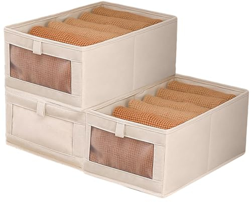 Kongming Kleiderschrank Organizer, 3 Stück Stoff Faltbare Aufbewahrungsbox mit Transparentem Fenster, Schrank Organizer für Spielzeug, Kleidung, Bücher Aufbewahrung (beige, 44 * 25 * 20cm)