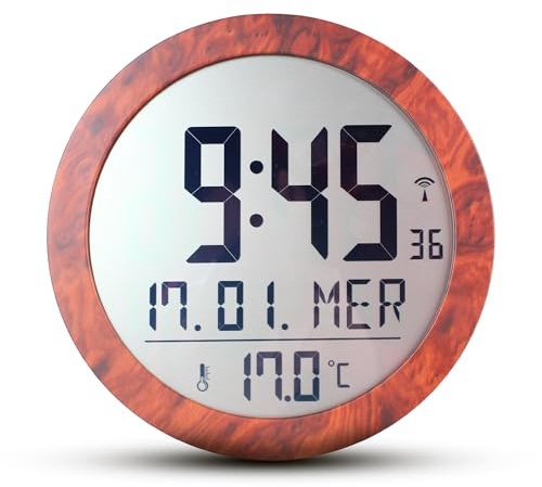 Fishtec Horloge Digitale Radio-Pilotée - Effet Loupe d'Orme Grands Chiffres Jours en 8 Langues Date et Température Fonction Réveil avec Snooze 4 Alarmes Différentes Ø21