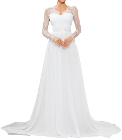 BFSWL Elegant Spitzen Langarm Hochzeitskleid mit Schleppe Spitzennähte Rückenfrei Chiffon Brautkleider Lang Weiß Brautkleid Standesamt Kleid Bankett Brautabendkleid Für Klassische und Moderne Bräute