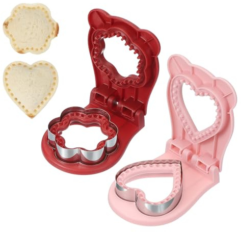 sourcing map 2 Pack Crustless Sandwich Cutter, Flower/Heart Shape Uncrustable Sandwich Maker Sealer Press Bread Cookie Cutter and Sealer for DIY Breakfast Lunch Afternoon Tea (Red/Pink)