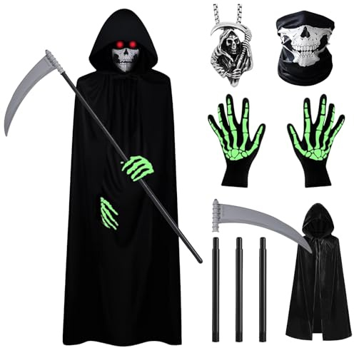 NebulaGlam 6 Pièces Costume de Faucheuse Noire Enfant, Déguisement de Faucheuse Squelette d'Halloween, Faucheuse Halloween Deguisement avec Cape, Gants, Faucille en Jouet, Masque, Collier Faucheuse