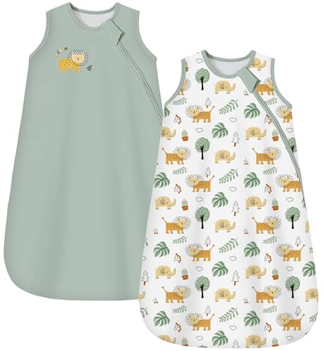 Chilsuessy Baby Schlafsack 1.5 Tog 2er Pack Ganzjahresschlafsack 100% Baumwolle Winter Babyschlafsack für Neugeborene, 1.5 Tog/Hellgrün + Löwenwald, 84cm/12-18 Monate