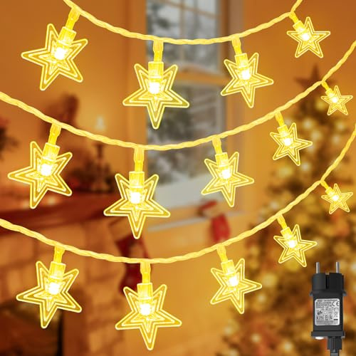 Gcstnn Lichterkette Außen Sterne,15M 100er LED Warmweiß Sterne Lichterkette Stecker mit Timer 8 Modi Wasserdicht Weihnachten Lichterkette für Weihnachtsbeleuchtung, Party, Garten, Weihnachten Deko