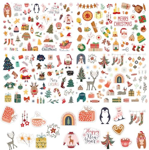 CHIHOLEN 160 Stück Aufkleber Weihnachten für Basteln, Selbstklebende DIY Weihnachtsaufkleber für Basteln von Weihnachtskarten, Adventskalender, Scrapbook Fotoalben (A,Groß)