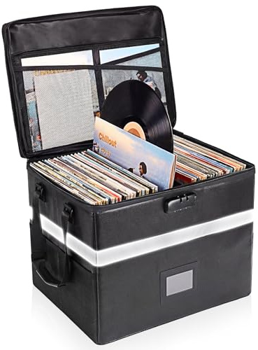 MEBRUDY Vinyl Record Storage Box with Lock, Fireproof & Water Resistant Album Storage for 150+ Records 12 inch, LP Storage Case with Adjustable Handle for Collectors, 16.7 x 13 x 13