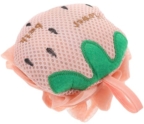 Esponja de Baño Exfoliante de Fresa Rosa, Grande, Malla | Envoltorio Individual, Poliéster, Algodón y Pe, para Ducha y Rutina de Baño, Estilo Coreano Tierno
