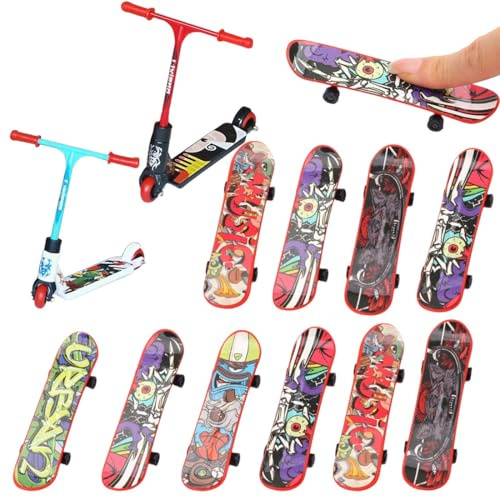 BDEPSTR Finger Scooter,12 Stück Finger Skateboard,Miniatur Tricks Training Set mit Skateboard und Roller,Fingerboard,Training Requisiten(Zufällige Muster)