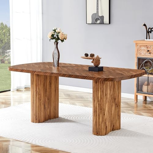 Tavolo da pranzo color noce con supporto a colonna ad arco, dimensioni 180 x 90 cm, multifunzionale per sala da pranzo e reception in casa moderna, design elegante
