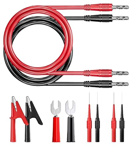Kit Câbles Test Multimètre avec Fiches Banane et Pinces Crocodile | 2 Câbles Fiche Banane 4mm + 2 Pinces Pinces Crocodile + 4 Sondes Mesure + 2 Fiches Bêches | Noir & Rouge | Isolation PVC