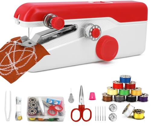 Máquina de Coser Portátil Mini para Principiantes – Eléctrica, Puntada Rápida, Velocidad Ajustable, Kit DIY de Reparación de Ropa para Hogar y Viaje (Rojo)