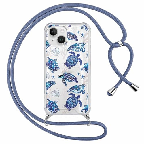 ZhuoFan Custodia con Cordino per iPhone 13 Mini 5,4, Trasparente Aesthetic Modello Tartaruga marina Disegni Cover con Collana Rosa Antiurto Case Regolabile Cellulare Girocollo per Femmina, 05