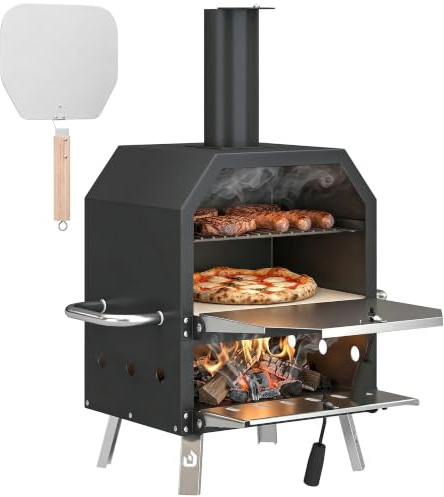 Outsunny Four à Pizza Extérieur Combiné Barbecue Fumoir 2 Étages Noir | Bois et Charbon, Pierre de 30 cm et Pelle, Portable, Pieds Pliables, Camping Jardin Terrasse