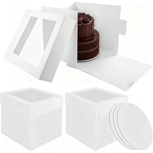 Hxjfnb 3 Stück Tortenbox Hoch,Tortenkarton,Kuchenbox,30.5X30.5X30.5cm Tortenkarton Kuchen Transportbox Hoch mit Transparentes Sichtfenster,TortenkartonKuchenboxen Einweg für Torten, Gebäck