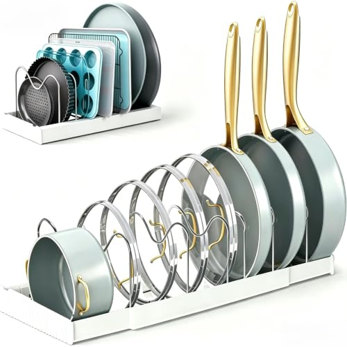 Expandable Pots lid and Pans Holder Rack with 7 Adjustable ,White(1pcs) | Expandable Pan Organizer for Cabinet,Compartment for Kitchen Frying Rack,Fully Expanded Size 22.44in Lx7.87in Wx5.91in H