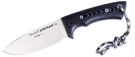 Muela Cuchillo GAVILAN-M CRYO-T hoja de ACX-380 criogenizado de 12,5 cm y de micarta negra para Caza, Pesca, Supervivencia y Bushcraft Realizado en Ciudad Real + Portabotellas de regalo