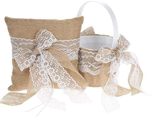 Western-Style Flower Girl Basket and Ring Cojín Portador Set, Vintage Arpillera Encaje Bowknot Boda Cesta Anillo Portador - Accesorios para Decoración