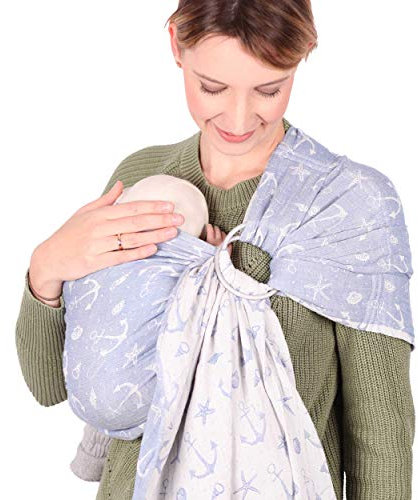 SCHMUSEWOLKE Ring Sling Baby-Tragetuch Hybrid Sommer Musselin Ankerliebe BIO-Baumwolle 70 x 215 cm Babysize-Toddlersize Neugeborene und Kleinkinder 0-24 Monate 3-16 kg Hüfttrage
