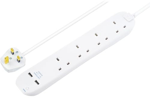 Masterplug 4 Gang Extension Lead with 2 USB Chargng Sockets, 1 Metre, White