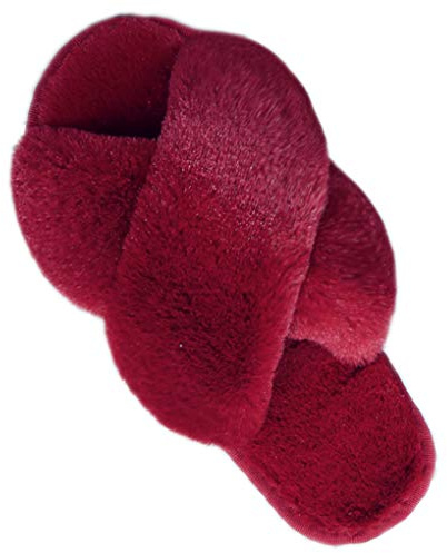LZLER Women Fuzzy Fluffy Furry Slippers Fur Flip Flop Open Toe Slippers Cross Band Shoes Slides for Ladies House Home Indoor Outdoor(Red,7)