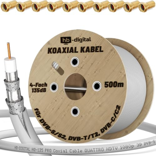 HB-DIGITAL 500m SAT Koaxialkabel 135dB 4-fach geschirmt 8K 4K UHD inkl. 25x F-Stecker – Antennenkabel für DVB-S2 DVB-C2 DVB-T2 TV SAT – CCS Innenleiter – Weiß