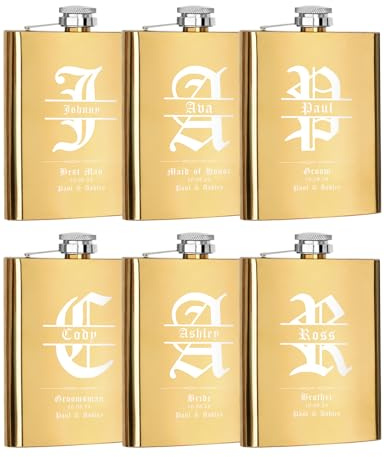 Lot de 6 flasques personnalisées pour garçons d'honneur, cadeaux de demoiselle d'honneur, 227ml, en acier inoxydable gravé pour homme et femme, flasques personnalisés pour cadeau de fête de mariage