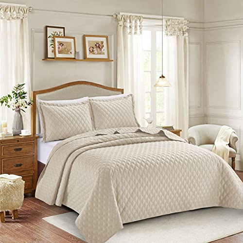 PRIME LINENS 3 Piece Inspiration Quilted Bedspread Embossed Pattern Comforter Bedding Set Bed Throw with Pillow Case (Beige, Double 3 Piece)