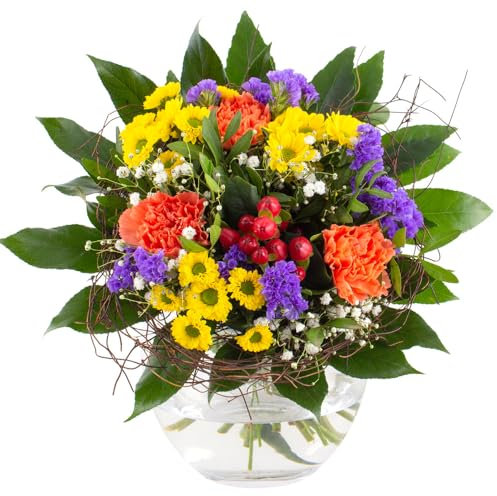 Blumenstrauß Louise, Bunte Blumen versenden, handgebunden mit 7-Tage-Frische-Garantie, Nelken, Strandflieder, Chrysanthemen und Schleierkraut, Blumenversand