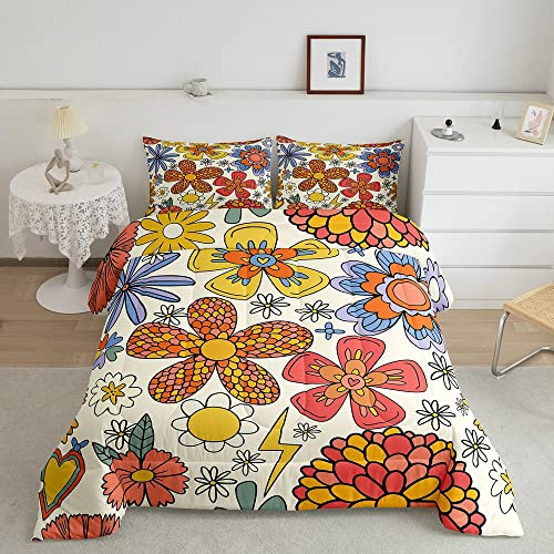 Floral Boho Steppbett Groovy Blume Bettdecke 135x200cm für Kinder Jungen Mädchen 70S Hippie Blumen 4-Jahreszeiten Bettdecke Ultra Weicher Dekor Retro Steppdecke 2Stück Winter Sommer Bettdecke