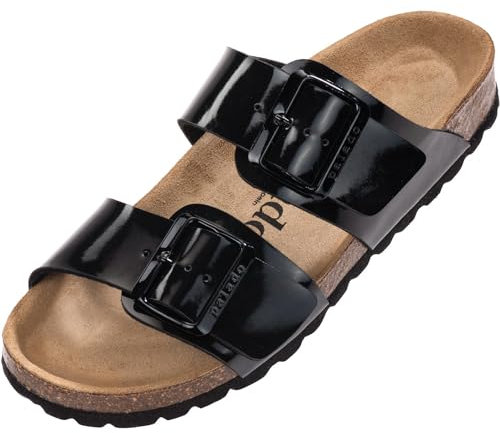Palado Pantoletten Damen Samos EGS - bequeme Sandalen Made in Spain - Hausschuhe mit dämpfendem Kork-Fußbett - modische Sommerschuhe Schwarz Lack UK5,5 - EU38