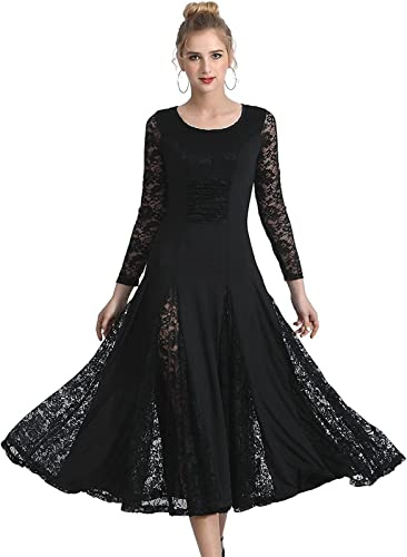 JENETY Abito da Ballo per Donne - Gonna Lunga in Pizzo per Valzer e Tango - Costume da Competizione (M, Nero)