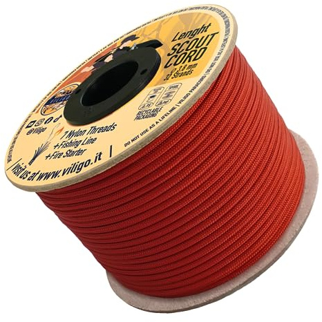 VILIGO Scout Cord Nylonfläta (3,8 mm) - bestående av 7 nylontrådar, 1 fiskelinje och 1 Jutetråd - Survival Rope för camping och utomhusaktiviteter (30 m, rubin)