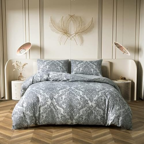 BQC Duvet Cover Set Microfiber Ultra Soft Easy Care Machine Washable Anti Allergic 3 Pcs Quilt Cover Bedding Set with 2 Pillow Cases (Damask Grey, King)