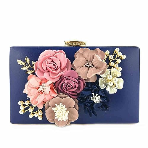 SHTGOI Damen Clutch Tasche PU Leder Abendtasche Kettentasche mit 3D Bunt Blumen und Perlen Deko Elegante Envelope Tasche Klein Umhängetasche für Braut Hochzeit Party Abschlussball Date Blau#