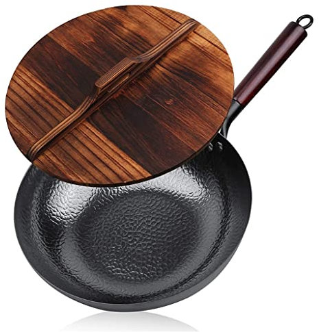 UNbit Wok de acero al carbono de 12,5 , woks y sartenes for freír con tapa Cookwar de cocina for estufas eléctricas de gas de fondo plano