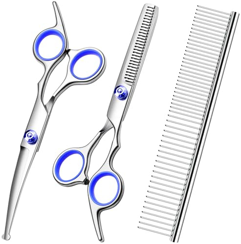 FAIGEO Professional Dog Grooming Scissors Kit, Titanium Coated Dog Scissors for Grooming, Grooming Shears Kit - Thinning, Curved Scissors and Comb for Dog Cat Pet (Blue 4 in 1)