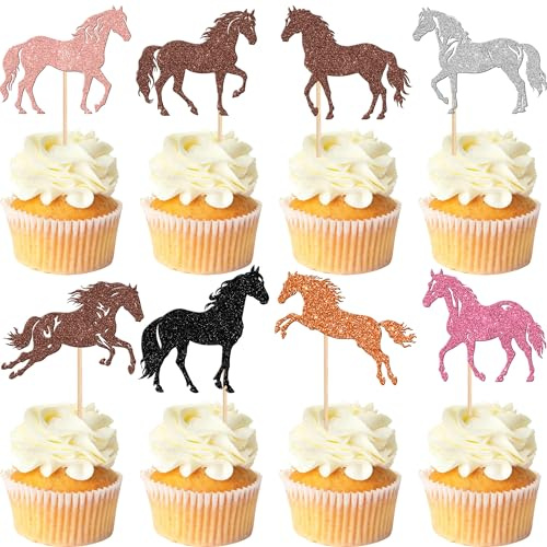 Xsstarmi 24 Pack Horse Cupcake Toppers Glitter Animal Horse Racing Cupcake Picks for Baby Shower Kids Birthday Equestrian Theme Party Cake Decorations Supplies Multi