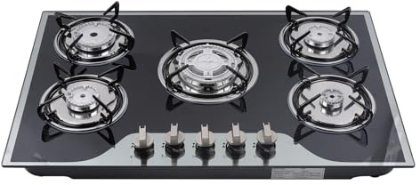 Gas Hob 5 Burner Hobsir Built-in Gas Cooktop Battery automatic pulse ignitionCast Iron Supports Gas Cooker LPG/Natural Gas 730 x 470 mm