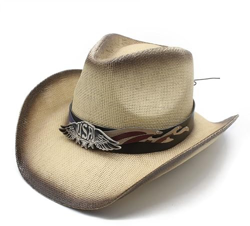 SPONGL Chapeau de cowboy, chapeau panama en paille occidentale à large bord pour femme homme tenue décontractée western paille homme femme unisexe