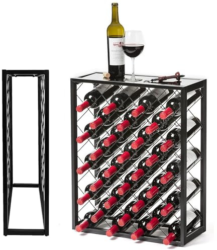 UR CHOICE 32 Bottle Wine Rack, Free Standing - Premium Metal Wine Storage Organizer with Tabletop - Stylish Design for Home, Kitchen and Bar - BLACK (𝟕𝟏.𝟓𝐜𝐦 𝐗 𝟐𝟎𝐜𝐦 𝐗 𝟓𝟑𝐜𝐦)