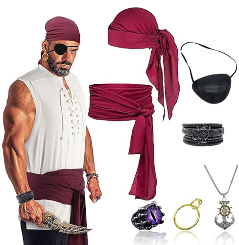 Shengou Piraten Accessoires Set,Mittelalter Piratenkostüm Zubehör Set,Piraten Stirnband Taillengürtel,Piratenkapitän Mittelalterliche Große Schärpe,Bandanas,Damen Herren PiratenVerkleidung