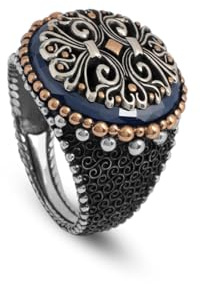 Jewellery Pit - Blauer Tigerauge-Ring Siegelring aus 925 Sterling Silber – Osmanisch, Gravierter Herrenring, Poliert, Vintage Handgemacht, Inklusive Adeau Silberputztuch (75)