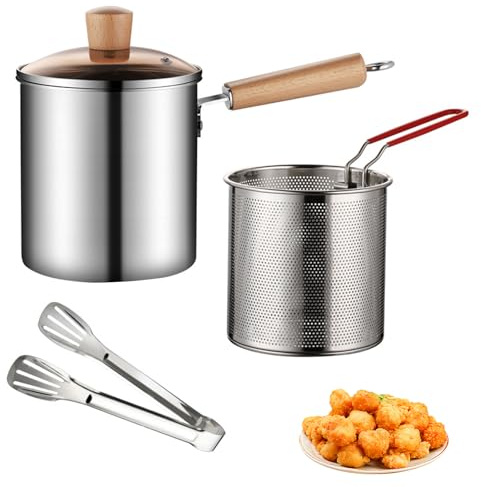 Set di 2 pentole per friggitrice con cestello filtro olio, padella in acciaio inox, mini friggitrici, patatine fritte, tempura, cestello per la preparazione della pasta, pentola per riscaldare cibo,