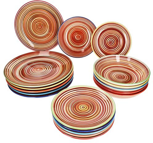 MamboCat Set da 18 piatti Linea I a righe mediterranee con 6 bordi colorati per 6 persone, 6 piatti piani, piatti fondi e piatti da torta