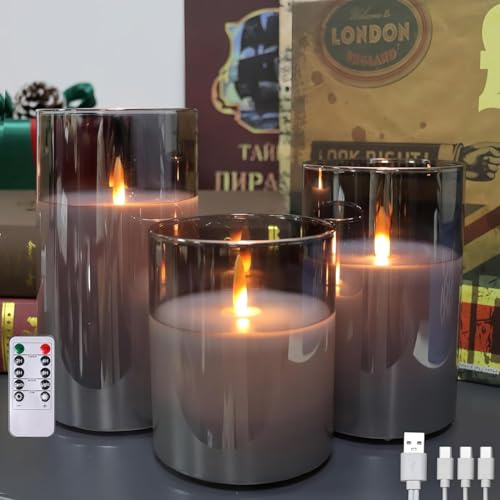 Grau Glas Flammenlose Kerzen, Wiederaufladbare Kerzen, Real Wax LED Candles | Mit Fernbedienung und Timer LED Kerzen, USB-C Wiederaufladbare Flammenlose Kerzen, 3er-Set LED Stumpenkerzen