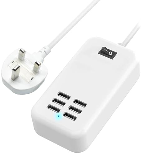 30W USB Charging Station, 6-Port USB Charging Hub with 1.5m Cable, MejaRizon Multi USB Charger Compatible with iPhone 14 13 12 Pro Max, Samsung, iPad, and Multiple Devices, White