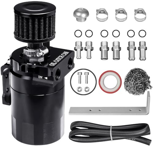 VehiMata Oil Catch Can Kit, 300ml Universal Baffled Catch Can with Breather Filter, Air Oil Separator Tank with 2.6FT NBR Fuel Hose for PCV System Aluminum Black