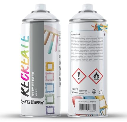dartfords RECREATE Grey Spray Primer for Wood, Metal, Plastic | Quick Drying, Smooth, Durable, Easy-to-Apply, Multi-Surface | Suitable for Indoor/Outdoor | For Furniture, Craft, Doors, Pots, Frames